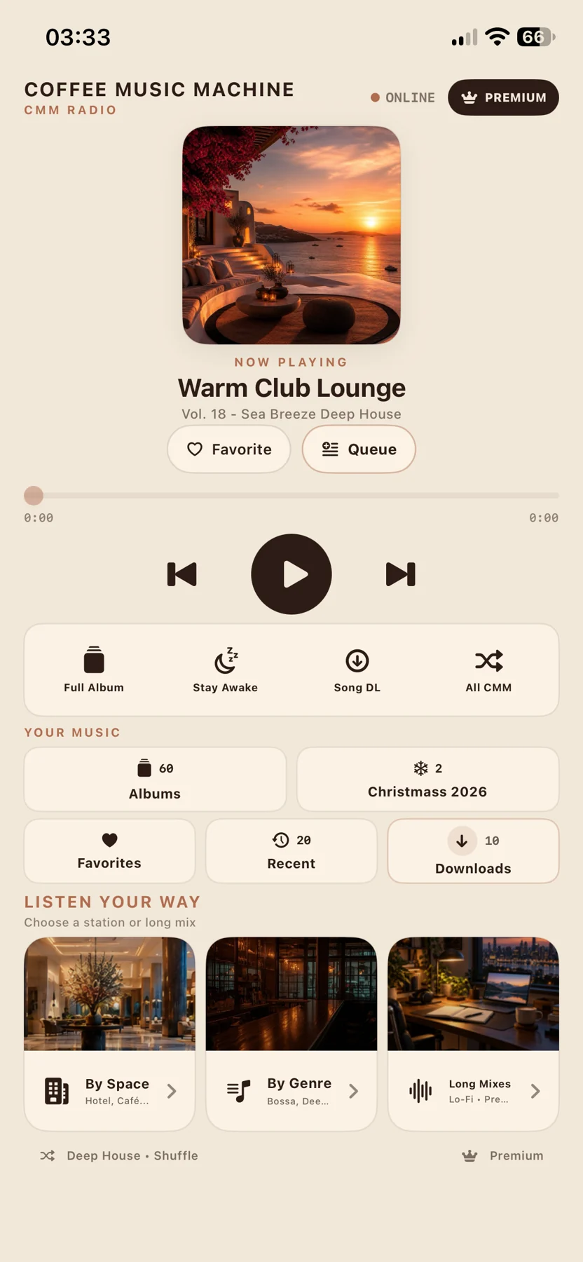 Coffee Music Machine Radio app home screen on iPhone