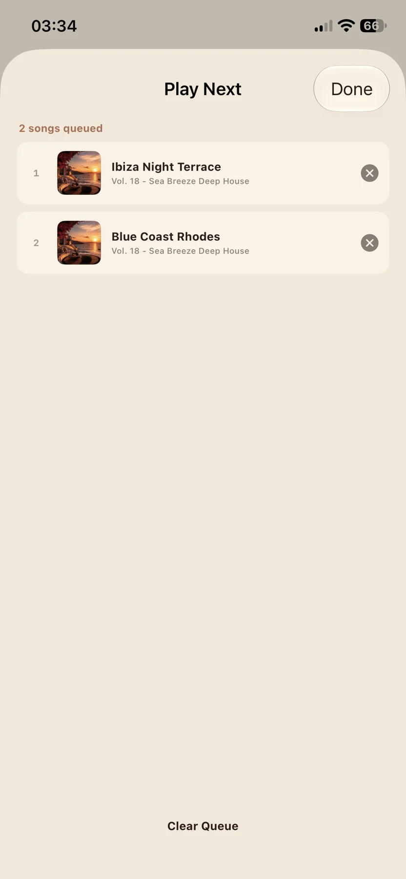 Coffee Music Machine Radio iPhone screenshot showing Play Next queue