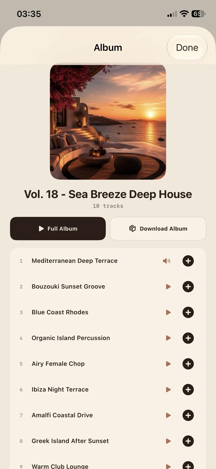 Coffee Music Machine Radio iPhone screenshot showing Album details and tracks