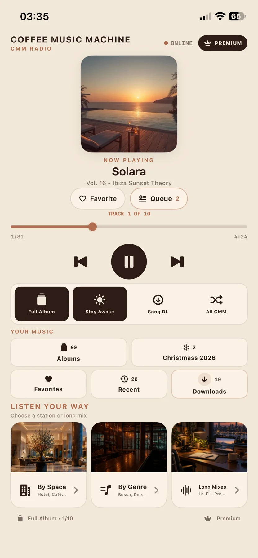 Coffee Music Machine Radio iPhone screenshot showing Player with active playback