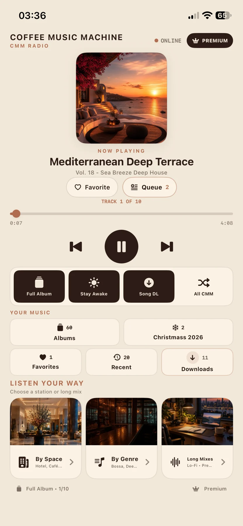 Coffee Music Machine Radio iPhone screenshot showing Song DL enabled
