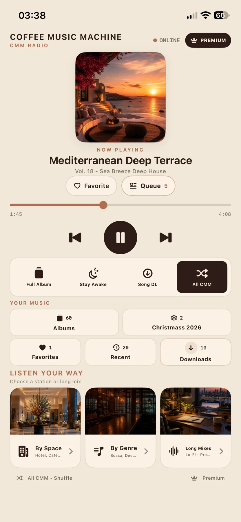 Coffee Music Machine Radio iPhone screenshot showing All CMM enabled