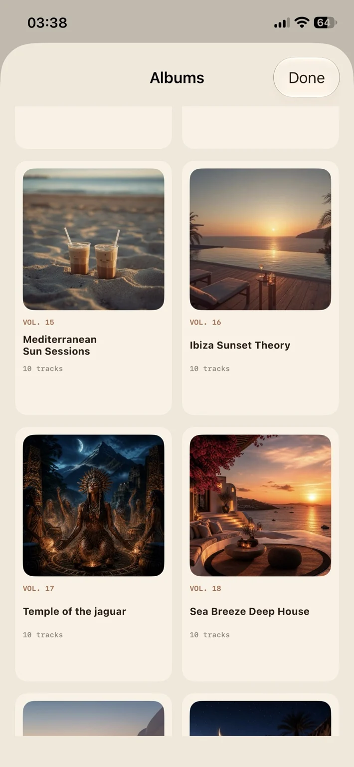 Coffee Music Machine Radio iPhone screenshot showing Album gallery