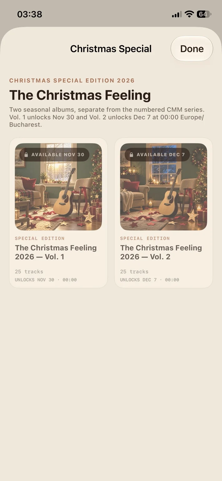 Coffee Music Machine Radio iPhone screenshot showing Christmas Special screen