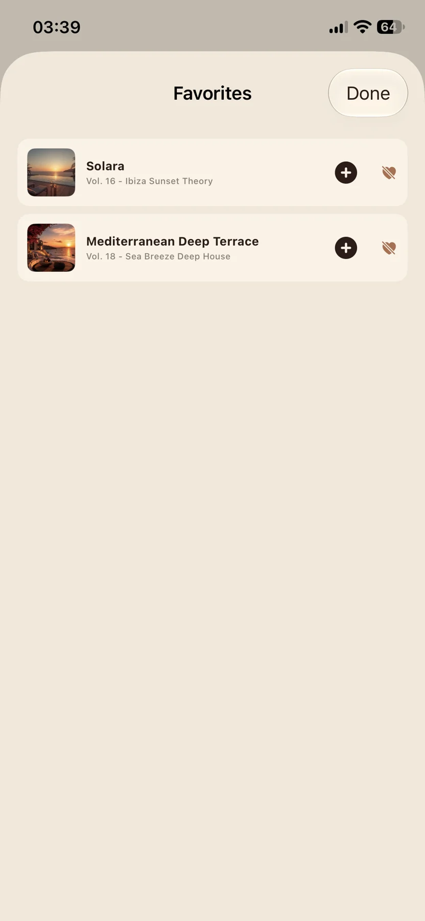 Coffee Music Machine Radio iPhone screenshot showing Favorites list