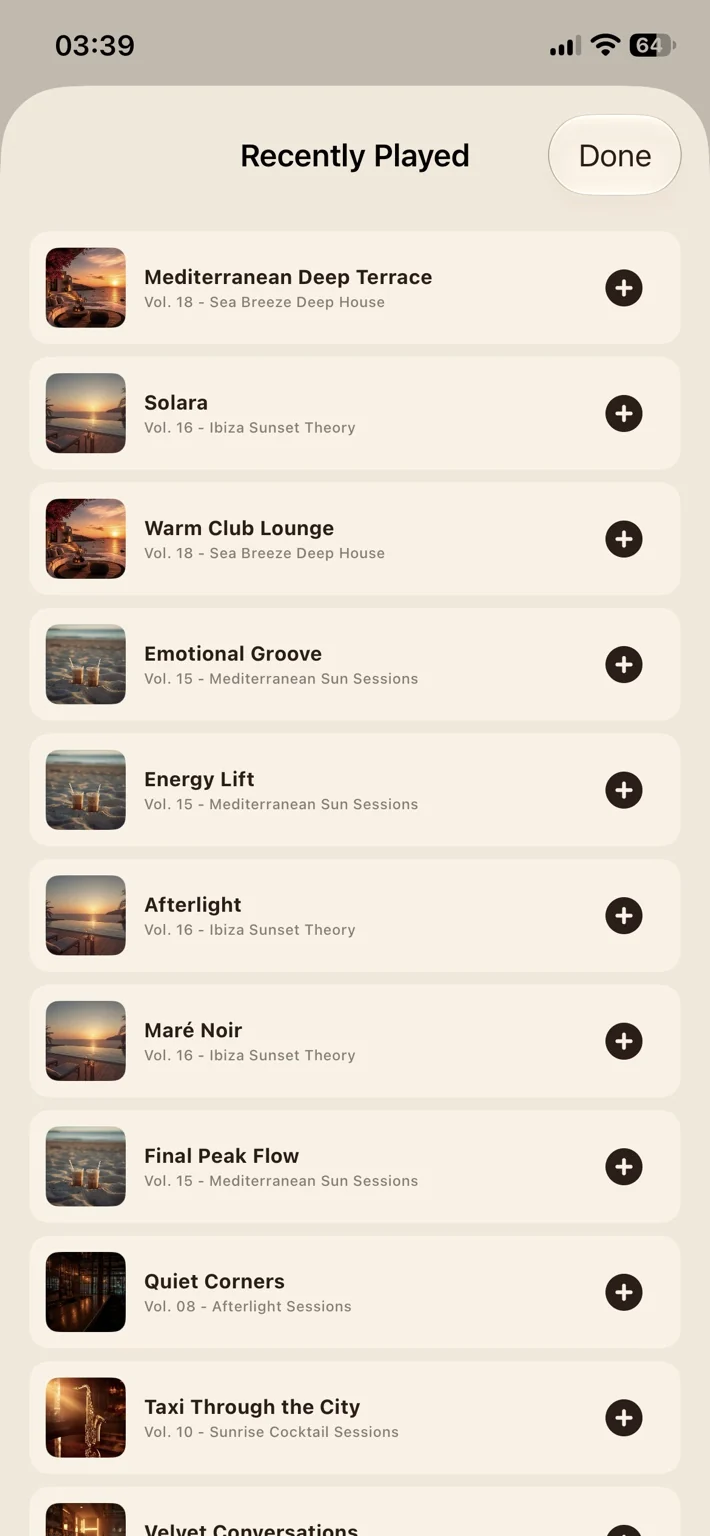 Coffee Music Machine Radio iPhone screenshot showing Recently Played list