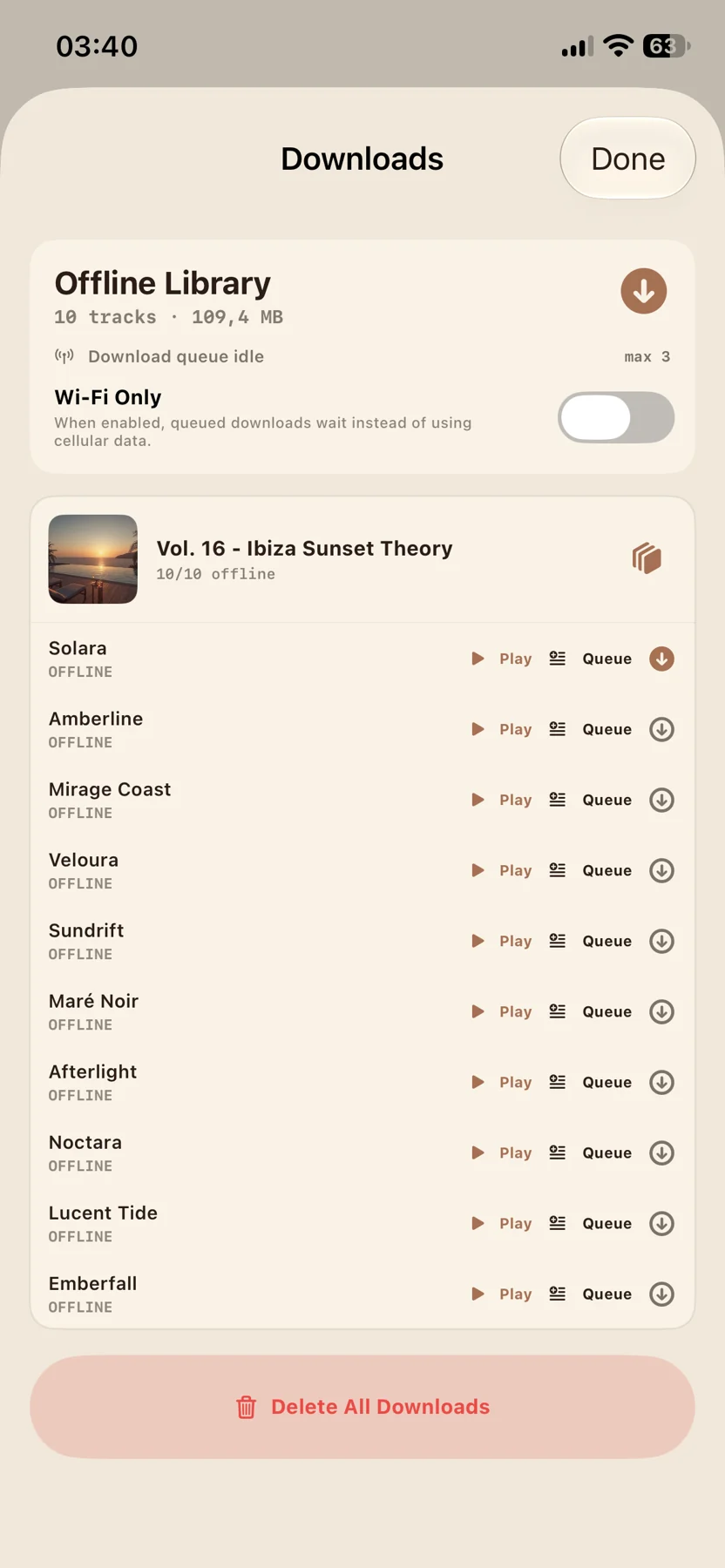 Coffee Music Machine Radio iPhone screenshot showing Offline Library