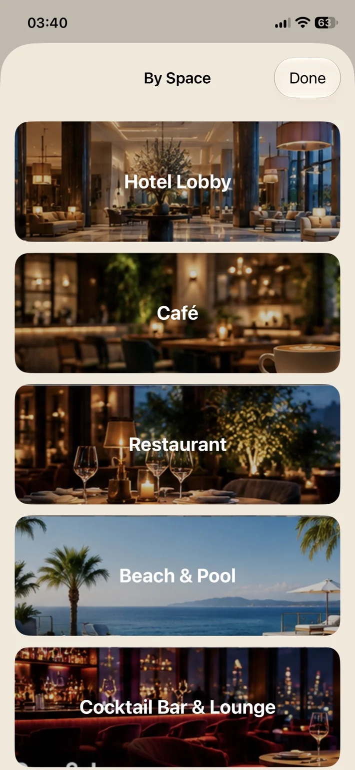 Coffee Music Machine Radio iPhone screenshot showing By Space first categories