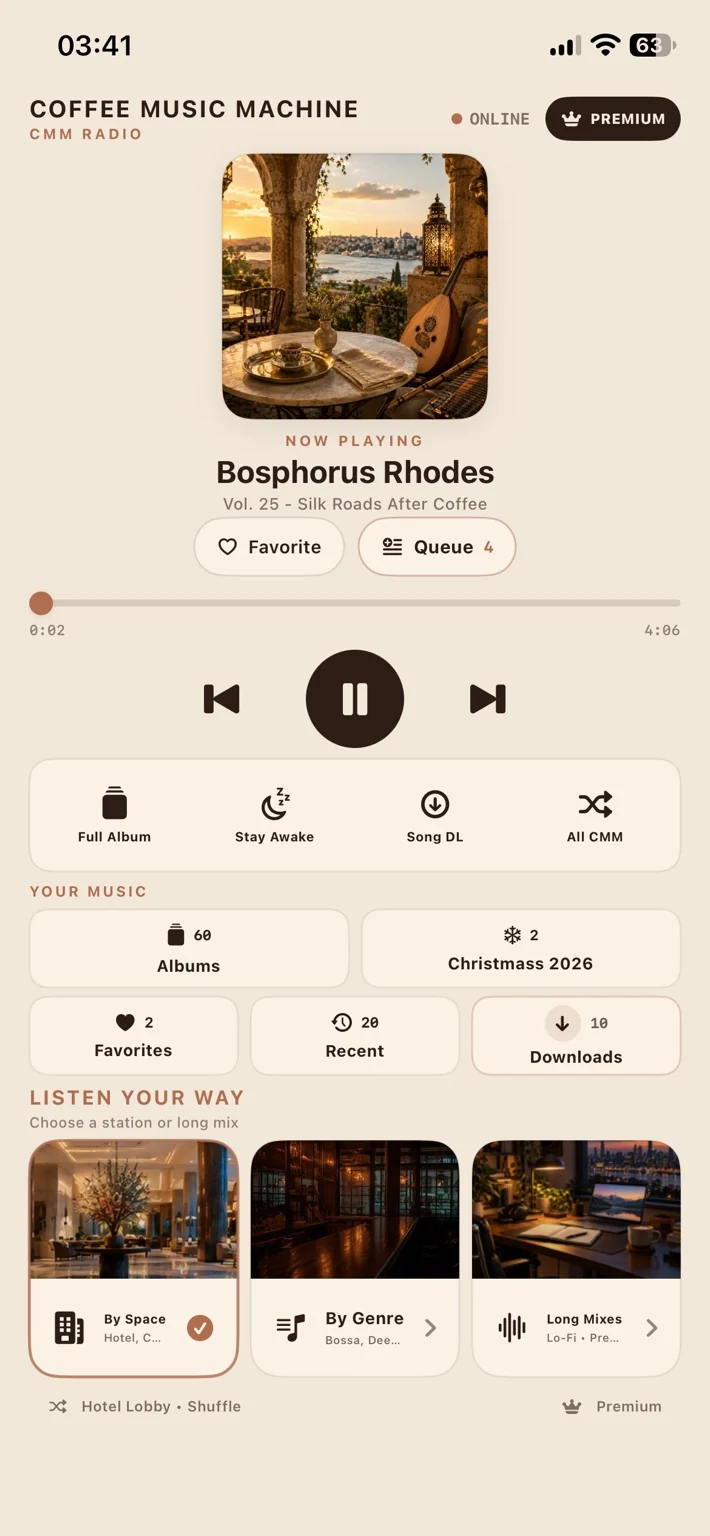 Coffee Music Machine Radio iPhone screenshot showing Hotel Lobby selected