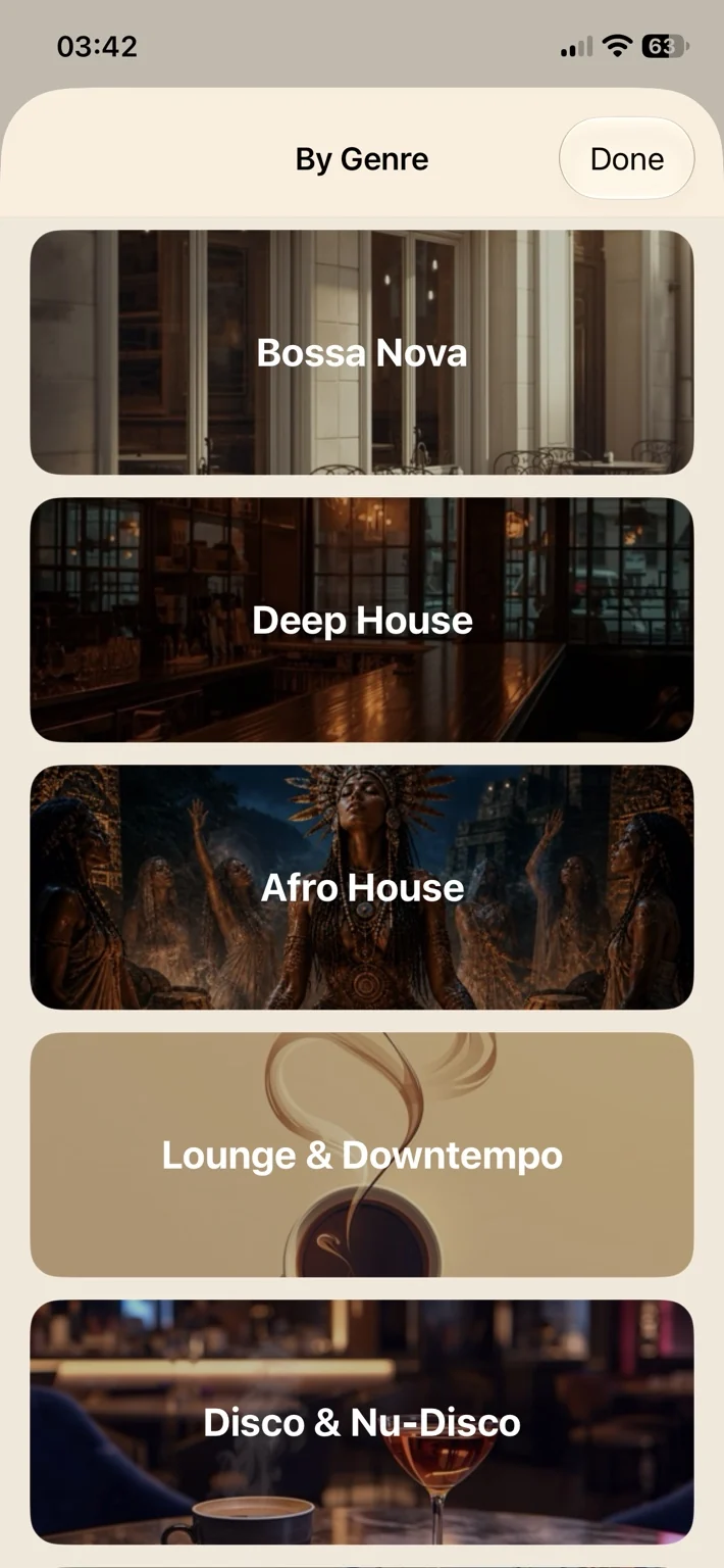 Coffee Music Machine Radio iPhone screenshot showing By Genre first categories