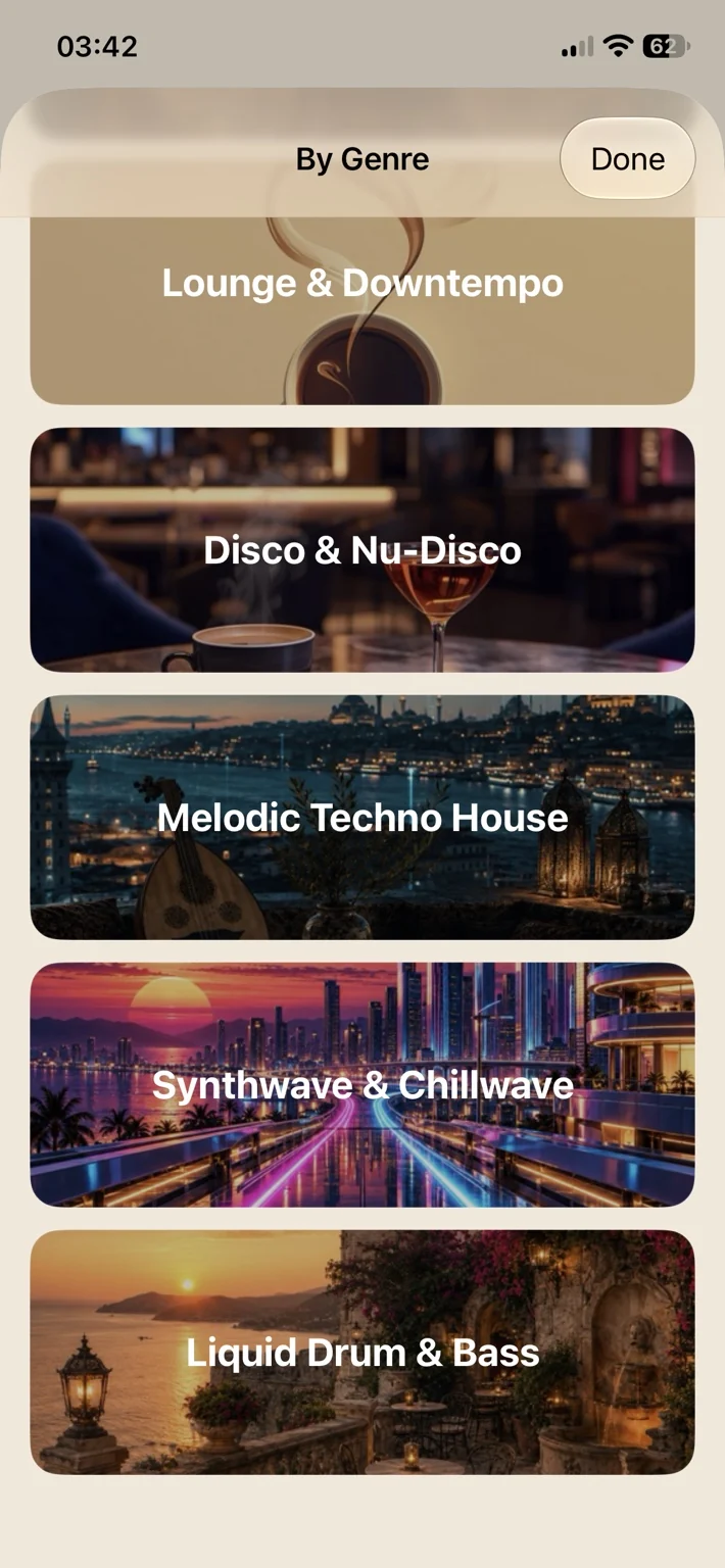 Coffee Music Machine Radio iPhone screenshot showing By Genre later categories