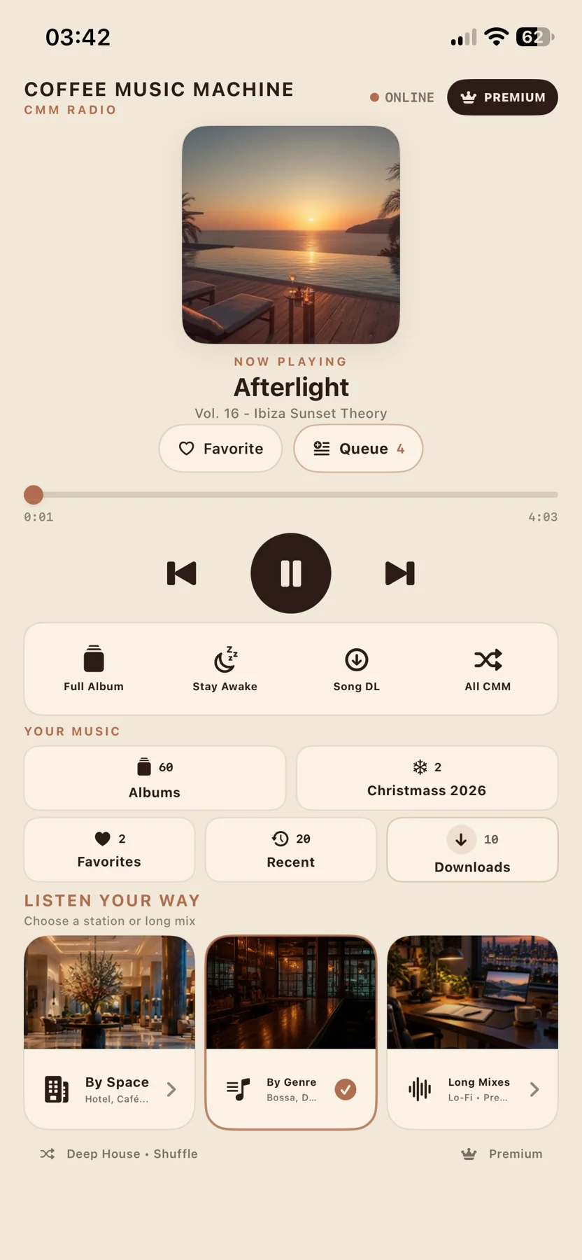 Coffee Music Machine Radio iPhone screenshot showing Deep House selected