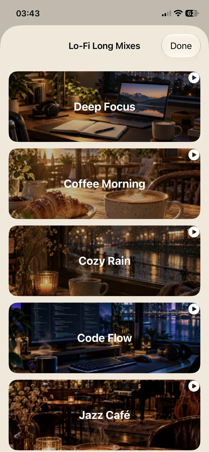 Coffee Music Machine Radio iPhone screenshot showing Lo-Fi Long Mixes list, part one