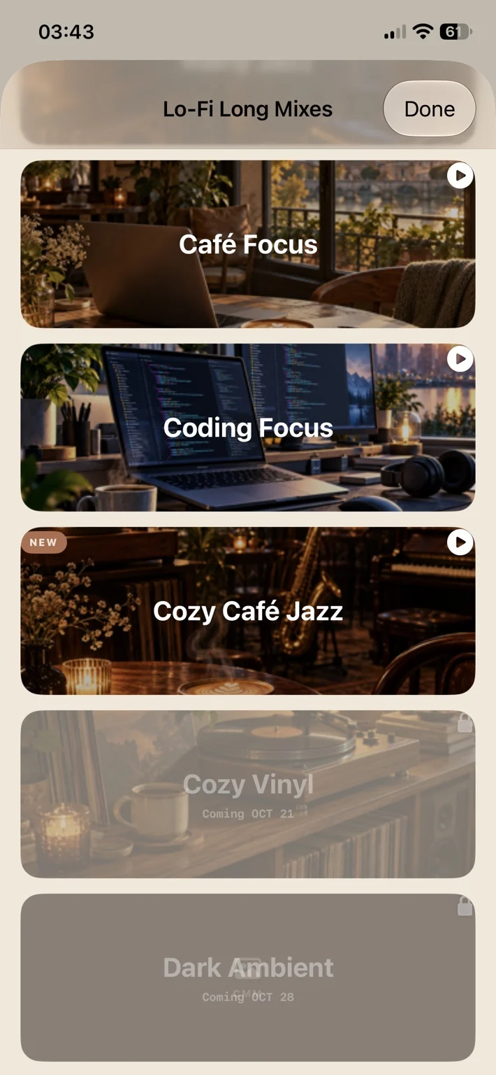 Coffee Music Machine Radio iPhone screenshot showing Long Mixes and coming soon