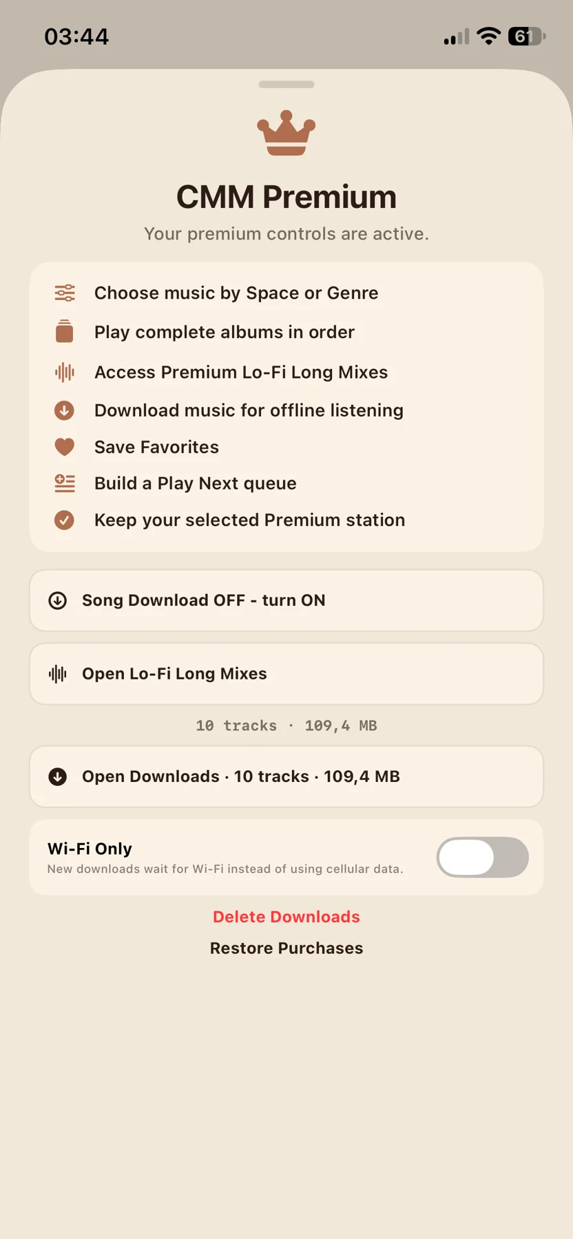 Coffee Music Machine Radio iPhone screenshot showing CMM Premium controls