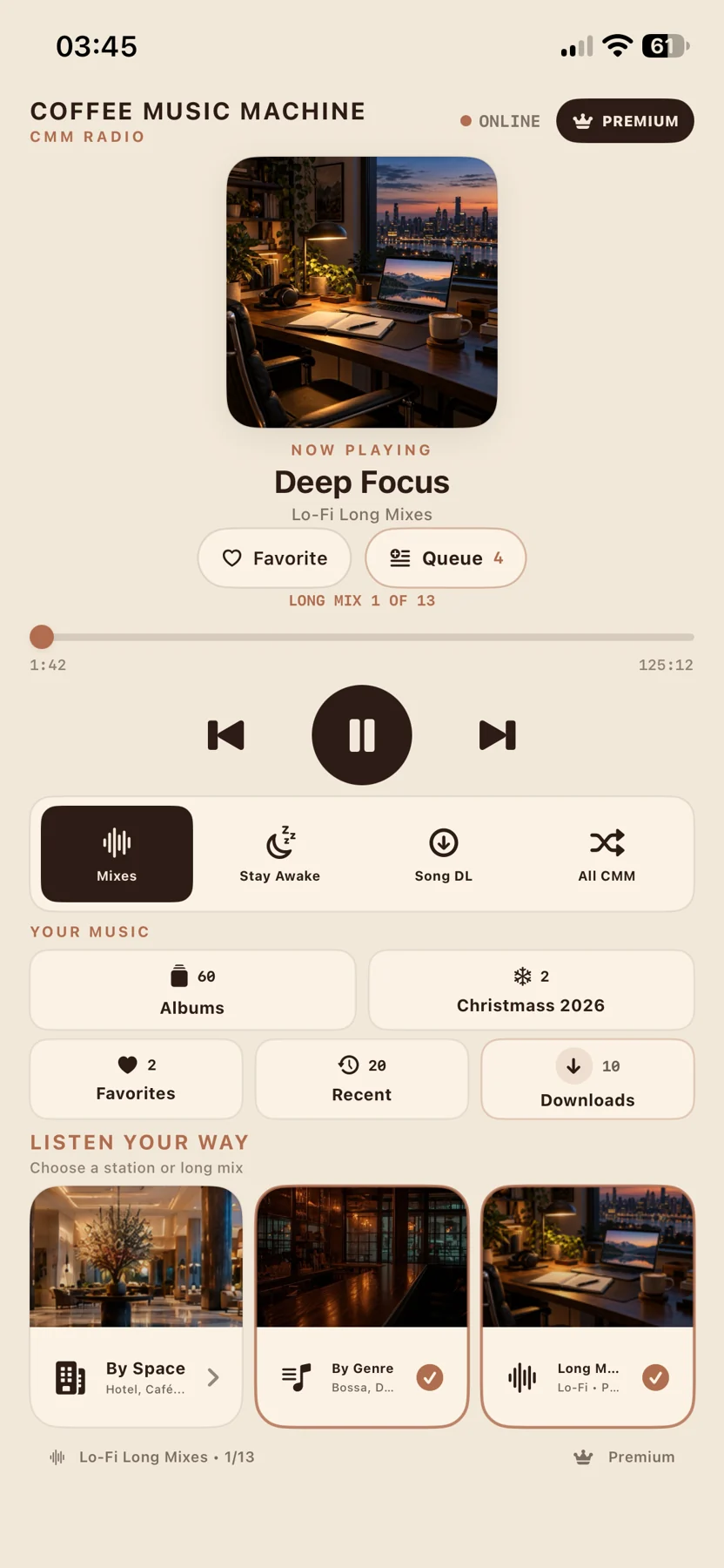 Coffee Music Machine Radio iPhone screenshot showing Main player in Long Mix mode